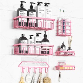 Dimyno Pink Shower Caddy 6 Pack, Adhesive Shower Shelves, No Drilling Large Capacity Rustproof Bathroom Organizer and Storage with 35 Hooks & Soap Holder for Kitchen Dorm Apartment Home Decor