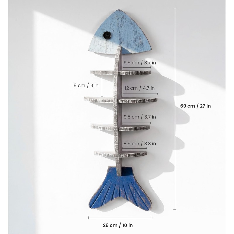 Nautical Fish Bone Wall Shelf, Wooden Coastal Wall Decor with