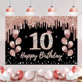 10th Birthday Decorations for Girls, Party Decoration Black and Rose Gold, 10th Birthday Fabric Sign Hanging Poster, 10th Birthday Background Banner Party Welcome Sign