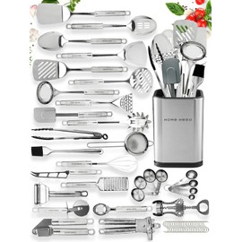 Home Hero 54-Piece Stainless Steel Kitchen Utensils Set - Heat-Resistant Nonstick Silicone & Stainless Steel Cooking Utensils - Complete Tools with Slotted Spoon & Pasta Spoon - Pack of 54, Silver