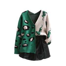 WDIRARA Women's Leopard Tiger Print Cardigan V Neck Long Sleeve Color Block Button Down Sweater Outwear Green Multicolor Large