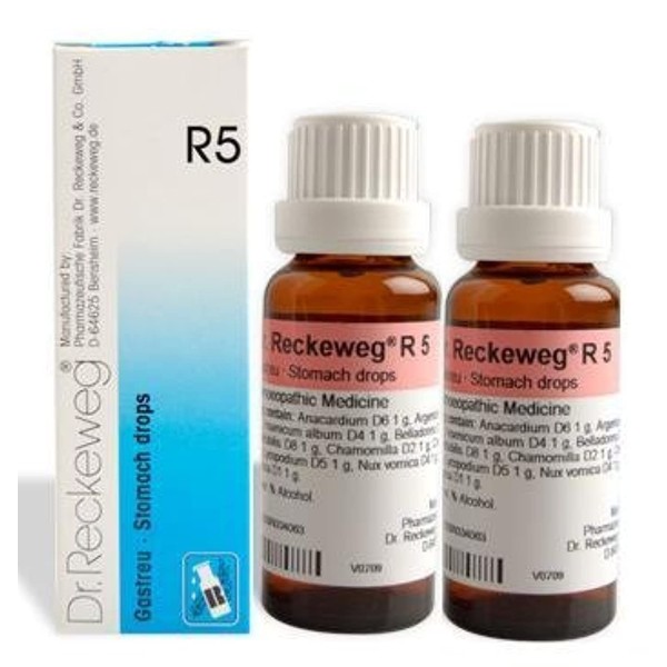 Dr.Reckeweg Germany R5 Stomach drops for relief from Acidity, Heartburn, Bloating, Belching, Flatulence, Gastritis. 22ML Pack of 2 Homeopathy Medicine