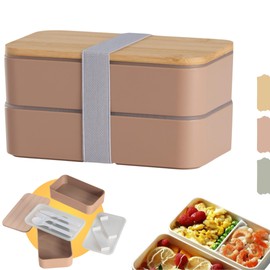 HAPPYCOSAS Bento Box Lunchbox für Erwachsene - Brotdose - 2 Etagen Meal Prep Box mit Besteck und Trennwänden - Bambusdeckel, 1400ml - Mikrowellen und Geschirrspülergeeignet - Natursand