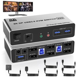 8K@60Hz USB 3.0 DisplayPort KVM Switch Dual Monitor 2 Computers, 8K KVM Switch DP 2 in 2 Out with Audio Microphone and 3 USB 3.0 Ports, 2 Computers 2 Monitors Keyboard Mouse Switcher