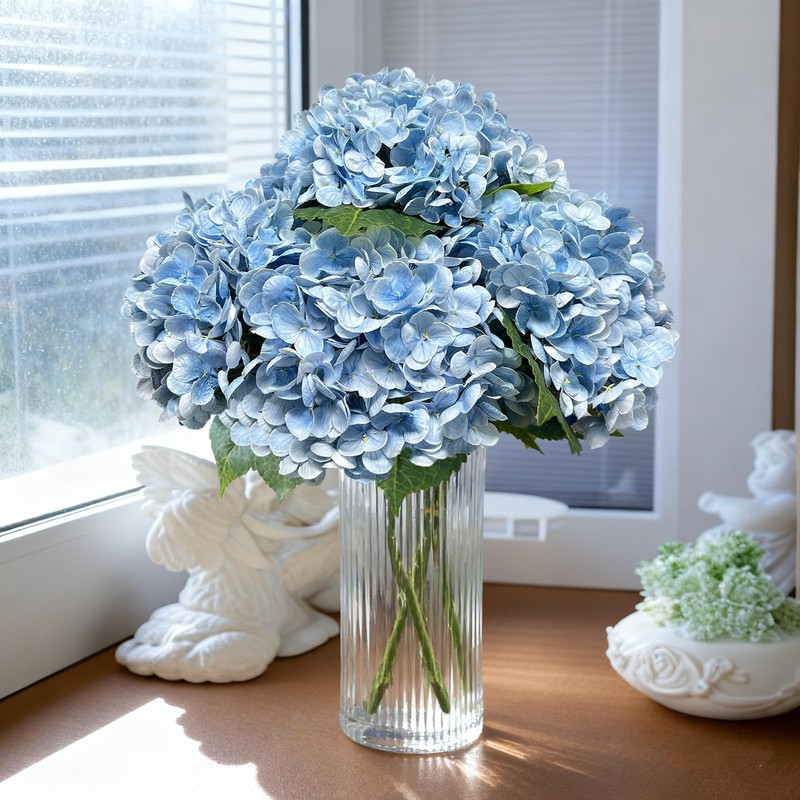 3 Pcs Blue Hydrangea Artificial Flowers, 21" Real Touch Fake