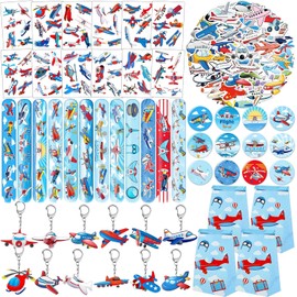 110 piezas de recuerdos de fiesta de avión, tatuajes temporales de avión, brazaletes de palmada, llaveros, insignias, bolsas de regalo para avión, cumpleaños, fiestas, suministros para niños