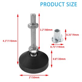 Luomorgo 4 Pcs M8 Leveling Feet with T-Nut, Anti Skid Threaded Rubber Feet, Adjustable Swivel Levelers for Furniture Feet, Heavy Duty Appliance Feet for Mechanical Equipment (D50 x M8 x H80)