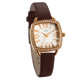 JewelryWe Women's Watch, Vintage Charm Analogue Quartz Watch Leather Strap Quartz Watches with Roman Numerals Square Dial and Rhinestone Bezel, Brown, Christmas Day, birthday
