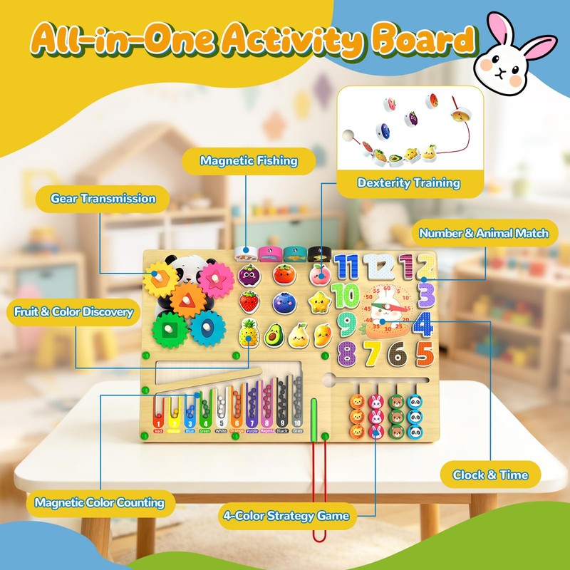 9-in-1 Montessori Busy Board Wooden Magnetic Maze Toy for 3+