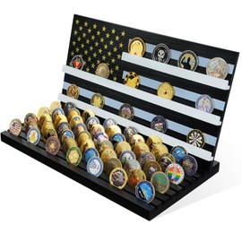 DecoWoodo 11 Rows American Flag Challenge Coin Display Holder Stand - Wooden Military Coin Holder for Desk - Holds 80-90 Coins - Ideal for Veterans, Collectors, and Patriots, Black