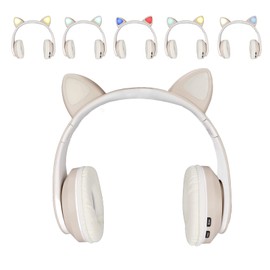 Bluetooth Cat Ear Headphones, Cute Cat Ear Wireless Bluetooth Headphones with LED Light, Children's Headphones for School/Travel (Khaki)