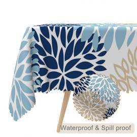 TTQYFNM 60x102inches Dahlia Floral Tablecloth Navy Blue Flower Brown Tan Pinnata Abstract Modern Art Table Cloth Waterproof Durable Polyester Fabric Table Cover for Dining Room Kitchen Home Decor