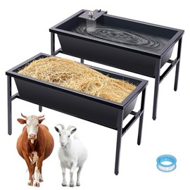 2pcs Livestock Feeder and Water Trough with Auto-Fill Float Valve Stainless Steel Goat Feeder Horse Trough Large Capacity Automatic Waterer for Goat, Sheep, Horse, Pig, Cattle, Alpaca, Large Dogs