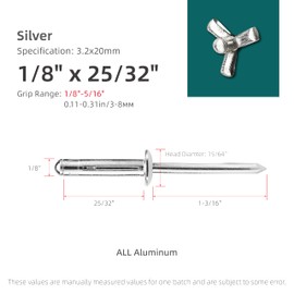 JIANDAXIN 50Pcs Tri-Fold Aluminum Blind Rivets,Tri Grip Exploding Assortment Bulb Style Pop Rivets for Automotive, Soft or Plastic Materials (Silver, 1/8"x25/32")