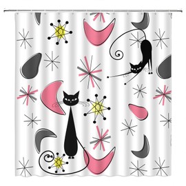 NYCCSM Mid Century Modern Shower Curtain Retro Blcak Cat Abstract Geometric Vintage Boho 1950s 1960s Fabric Bathroom Decor Sets with Hooks,71W x71H