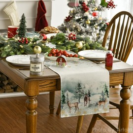 Artoid Mode Watercolor Deer Trees Snowflakes Christmas Table Runner, Seasonal Winter Xmas Holiday Kitchen Dining Table Decoration for Home Party Decor 13 x 60 Inch