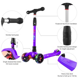 Allek Kick Scooter B02, Lean 'N Glide Scooter with Extra Wide PU Light-Up Wheels and 4 Adjustable Heights for Children from 3-12yrs (Purple)