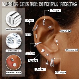 Dochais Silver Cartilage Earrings for Women Trendy Hypoallergenic Surgical Steel Hoop 14k Gold-Plated Flat Back Earings Small Stud Earring Stacks Set