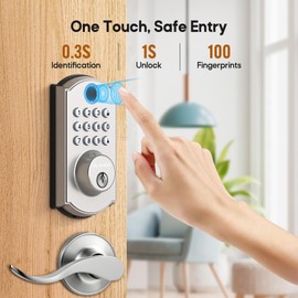 ELAMOR M19 Fingerprint Door Lock with 2 Lever Handles, Keyless Entry Door Lock, Automatic Locking, Easy to Install, Electronic Keypad Deadbolt with Code, Front Deadbolt Handle Sets, Sand Nickel