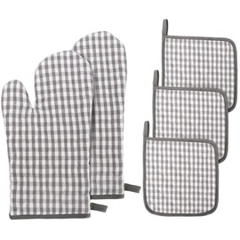 Oven Mitts and Pot Holders, Heat Resistant Cotton Vintage Gingham Oven Mitts and Potholders Hot Pads Mats Coasters Set for Kitchen (Gray Set)