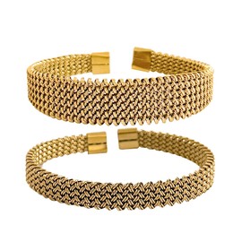 A&H Zier Stack 7+15mm Braided Bangle Set for Women |Knotted Adjustable Cuff Bracelets, Hypoallergenic 18K Gold Plated Stainless Steel,Gift Ready (1, 7mm braided mesh gold bangle)