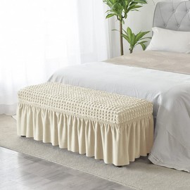 FORCHEER Dining Bench Cover 3D Seersucker Piano Bench Slipcover for Living Room Skirt Design Washable Ottman Cover Bench Seat Protector for Bedroom, Kitchen(Seersucker-Beige)