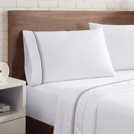 Aston & Arden Sateen Sheet Set - 100% Cotton 600 Thread Count Luxurious Hotel Silky Sheets, Pristine White with Fine Baratta Embroidered 3-Striped Hem, Wrinkle Resistant, Twin, Onyx Black