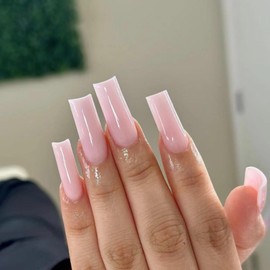 Pink Press on Nails Long Square SWEKKE Fake Nails Full Cover Solid Color False Nails with Nail Glue Light Pink Glossy Glue on Nails Acrylic Nails Artificial Nails for Women Girls 24Pcs