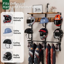 Motorcycle Helmet Rack with 6 J-hooks& 6 Clip Hooks – Wall Mounted Helmet Holder Stand for 6 Helmets, Riding Suits & Accessories, Sturdy Construction Storage Organizer for Entryway or Garage