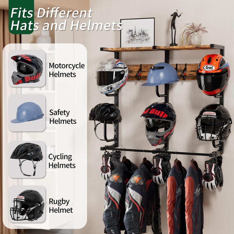 Motorcycle Helmet Rack with 6 J-hooks& 6 Clip Hooks –