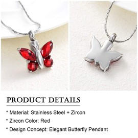 constantlife Cremation Jewelry for Ashes, Crystal Stone Butterfly Shape Stainless Steel Pendant Urn Necklace Keepsake for Women (Red)