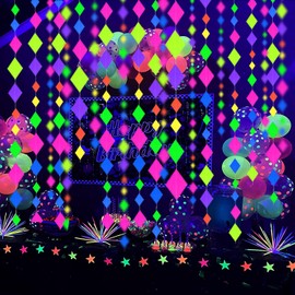 122feet UV Neon Streamers Glow Garland Hanging Paper Glow in The Dark Supplies and Decorations Blacklight Reactive Fluorescent Black Light Party Kit Neon Party Supplies for Birthday Wedding