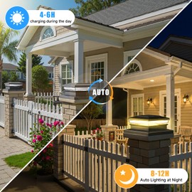 FEACORT Solar Post Cap Lights 12 Pack, Fence Post Solar Lights, Warm White/Cool White Lighting, Black Waterproof Outdoor Post Lights for Garden Patio Porch, 4x4, 5x5 or 6x6 Vinyl/Wooden Posts