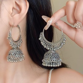 Silver Bell Dangle Drop Earrings for Women Big Vintage Boho Jhumki Jingling Beaded Tassel Hoop Earring Bohemian Indian Chandelier Lightweight Ethnic Jewelry Gifts