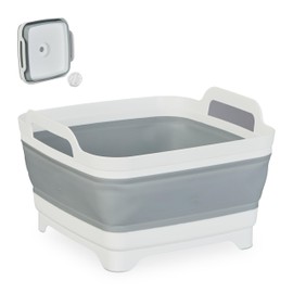 Relaxdays Washing Up Bowl with Drain, Foldable Basin, 9 L, Camping Washing Up Bowl, H x W x D 20 x 31 x 31 cm, White/Grey