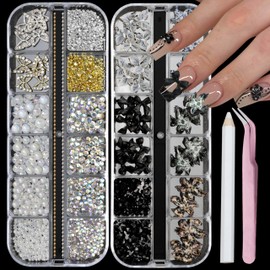 SEMATA 2 Box 3D Flower Nail Charms, Black Nail Gems Gold Silver Butterfly Flatback Pearl Nails Rhinestones Charms for Nails Art Jewels Design Decor(Black)