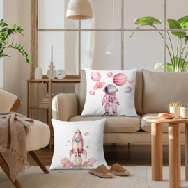 ignytiger Pink Space Nursery Decor Pillow Covers 18x18 Set of 2,Kids Space Room Bedroom Decor for Boys Room, Astronaut Spaceship Decorative Pillow Covers