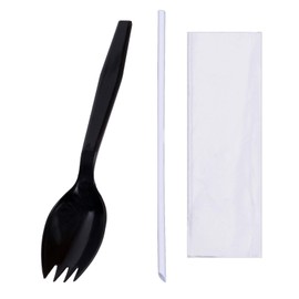 Daxwell Plastic Cutlery Kits, Medium Weight Polypropylene (PP), Spork, Spike Straw, Napkin, Black, B10003401 (Case of 1,000)