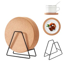 CHDEXU Cork Trivet for Hot Dishes, 5 Pack Round Cork Coaster with 1 Pcs Plate Holder Organizer, High Density Thick Heat Resistant Cork Trivets for Hot Pots Table Countertop