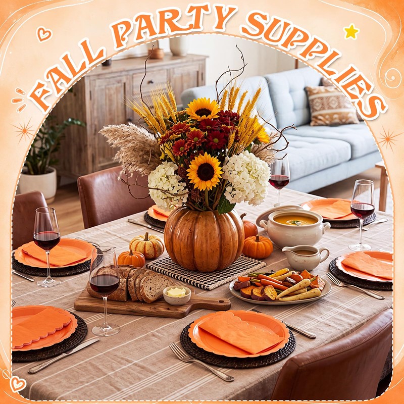 120 Pcs Orange Paper Plates and Napkins,7 Inch Scalloped Fall