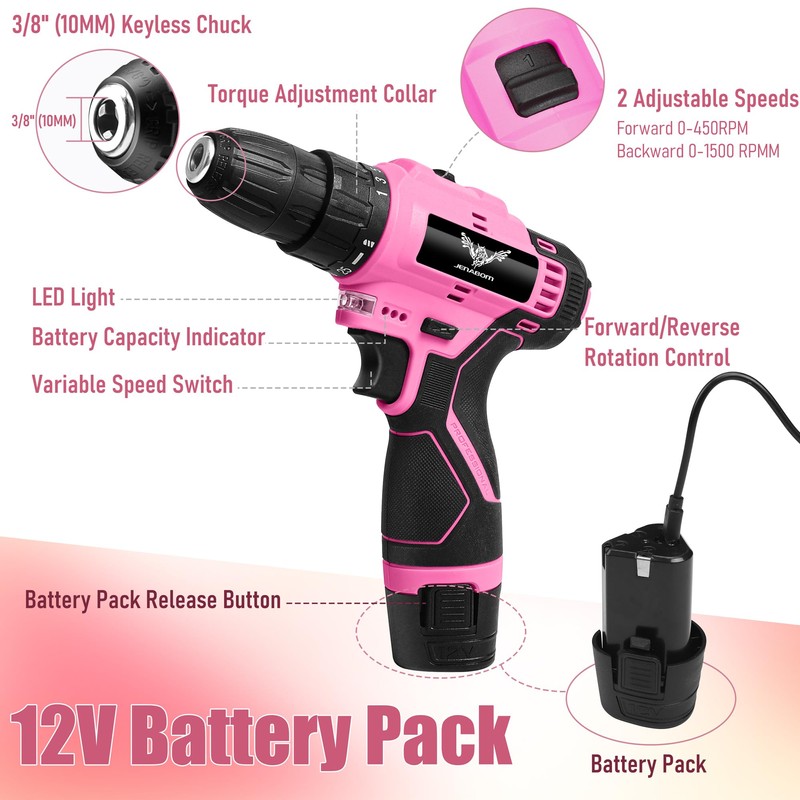 JENABOM Pink Tool Set - 12V Cordless Drill Kit, 151