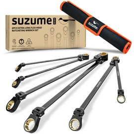 SUZUME Extra Long Flex Head Ratcheting Wrench Set 6PCS (8-19mm) Double Box End Metric EVA Foam 180° Flexible Head 15K Gear Cycles Tested Black Chrome Finish CR-V Steel for Tight Engine Bays with Pouch