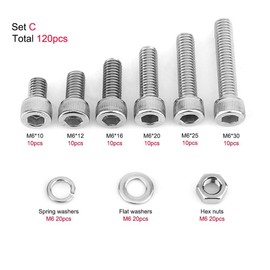 Tornillos Tuercas Juego de arandelas M3 / M5 / M6 / M8 SS304 Tornillos de cabeza hexagonal de cabeza de acero inoxidable Tornillos con arandelas de tuerca hexagonal Surtido(Set C)
