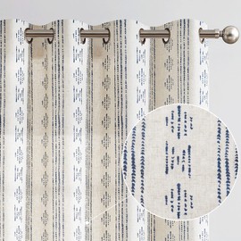 COLLACT Boho Curtains for Living Room Linen Curtains 84 Inches Long Blue Geometric Striped Patterned Curtains Farmhouse Rustic Drapes Light Filtering Grommet Window Treatments 2 Panels Blue on Beige