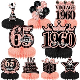 65th Birthday Decorations Honeycomb Women - 9 Pcs Vintage 65th Birthday Centerpieces Table Decoration For Women Rose Gold 65 Years Old Birthday Party Happy 65th 1960 Aniversary Wedding Decor