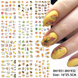 12 Sheets Fall Nail Art Sticker Decals Autumn Gold Leave Nail Decals Water Transfer Thanksgiving Day Nail Art Supplies Maple Leaf Nail Accessories for Women Nail Decorations Design