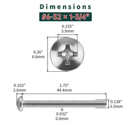 #6-32 x 1-3/4" Stainless Pan Head Machine Screws 50 Pcs, 18-8 (304) Stainless Steel Phillips Drive Pan Head, Full Thread, Bright Finish, No Coating, Fayeploo (with Double End Screwdriver Bit)