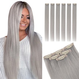 Elailite Hair Extensions Clip In Real Human Hair Remy Single Clip Double Weft 6 Pcs Seamless Highlights Hairpieces Straight - #Grey - 18 Inch 44g