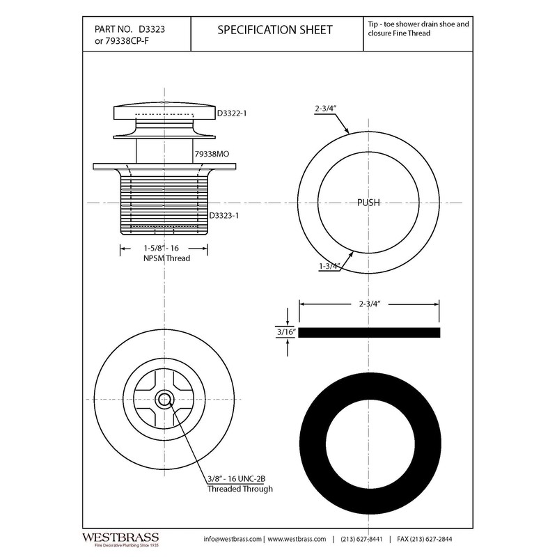 Westbrass Tip Toe 1-3/8" NPSM Fine Thread Bath Drain, Oil