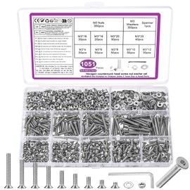 1051 Pcs M3 Screws Set, Countersunk Bolts and Nuts Set, Countersunk Head Screws Nuts and Bolts Set with Washers, Flat Head Machine Screws Assorted, Hex Socket Head Cap Screws Assortment Kit + Wrench